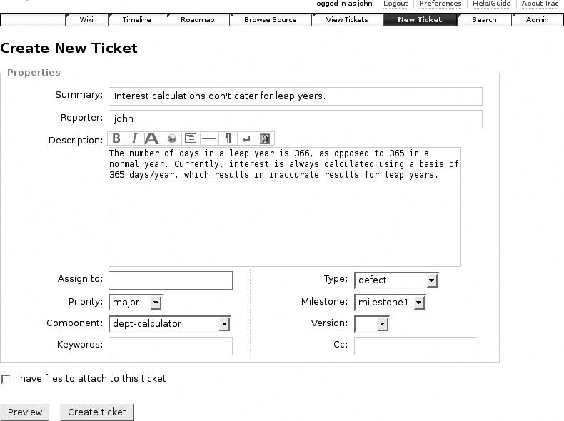 Creating a new Trac ticket