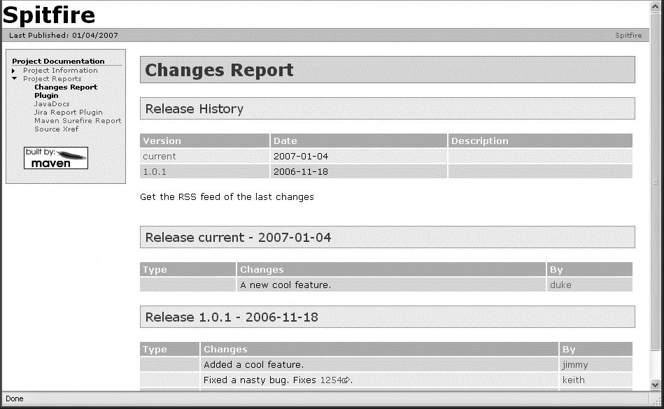 Example of a change report