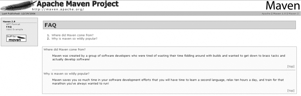 A simple Maven-generated FAQ screen