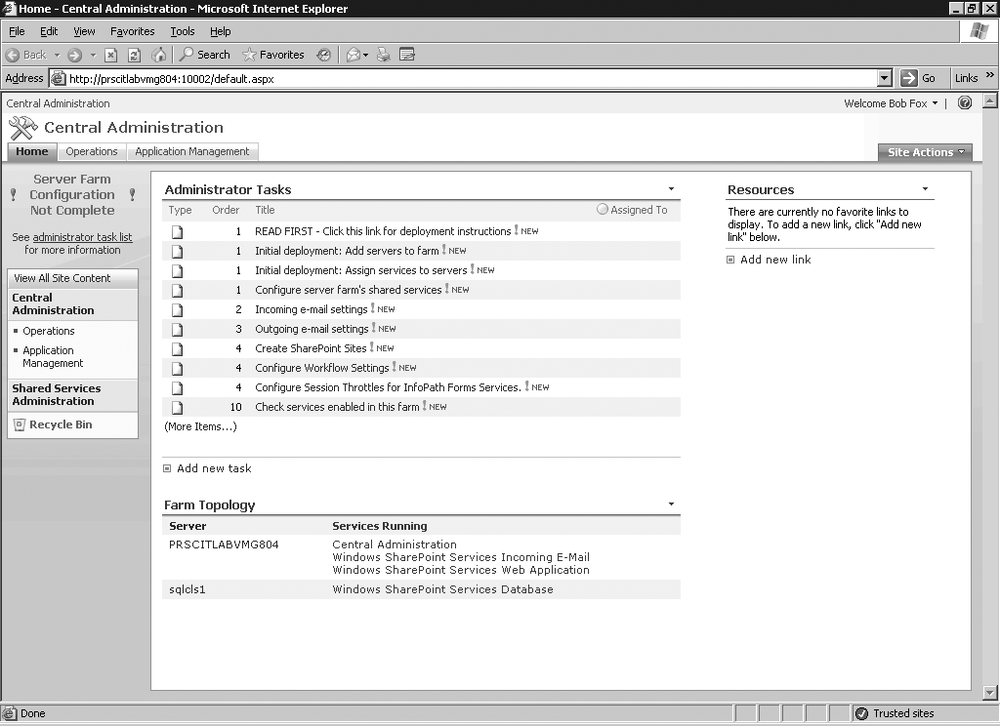 Central Administration console (first server)