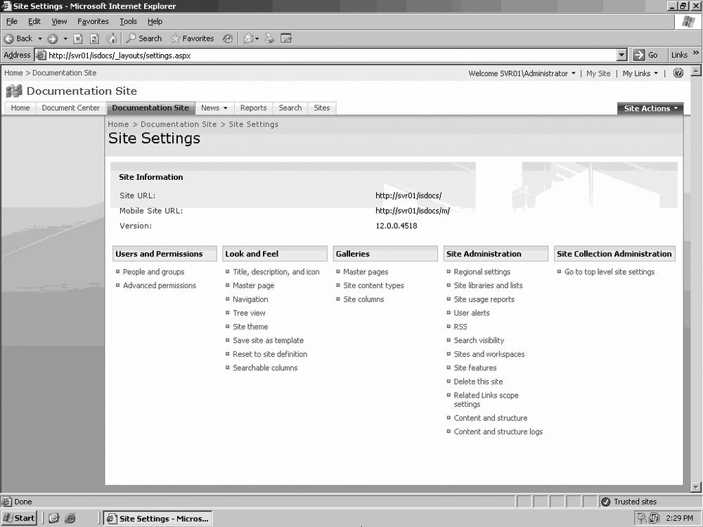 Site Settings page