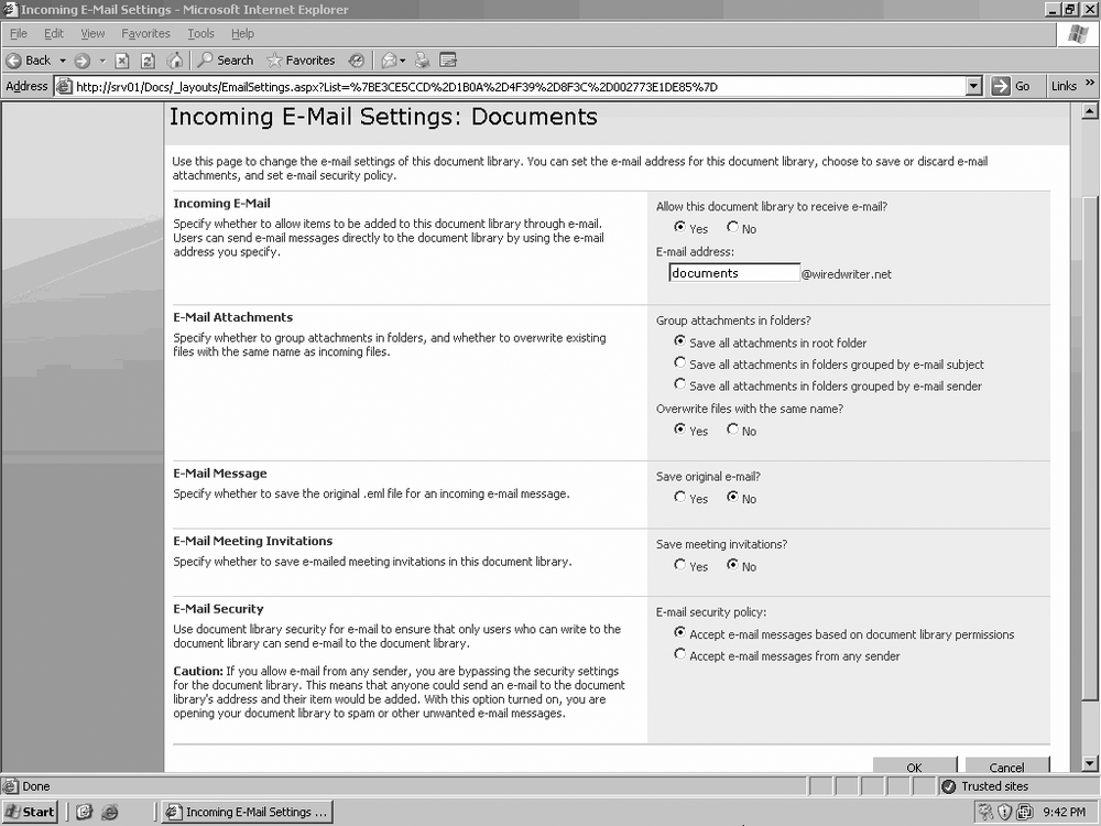 Configuring email support for a documents library