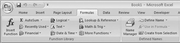 Excel 2007 Formulas ribbon