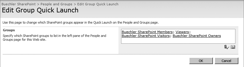 Quick Launch Groups edit screen