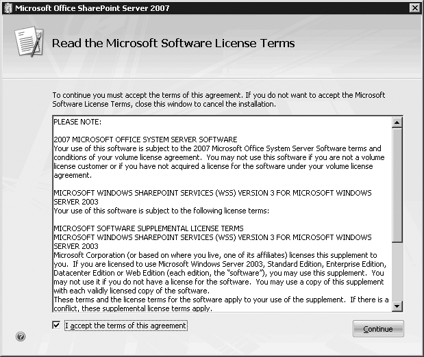 Office SharePoint Server 2007 install’s License Terms page