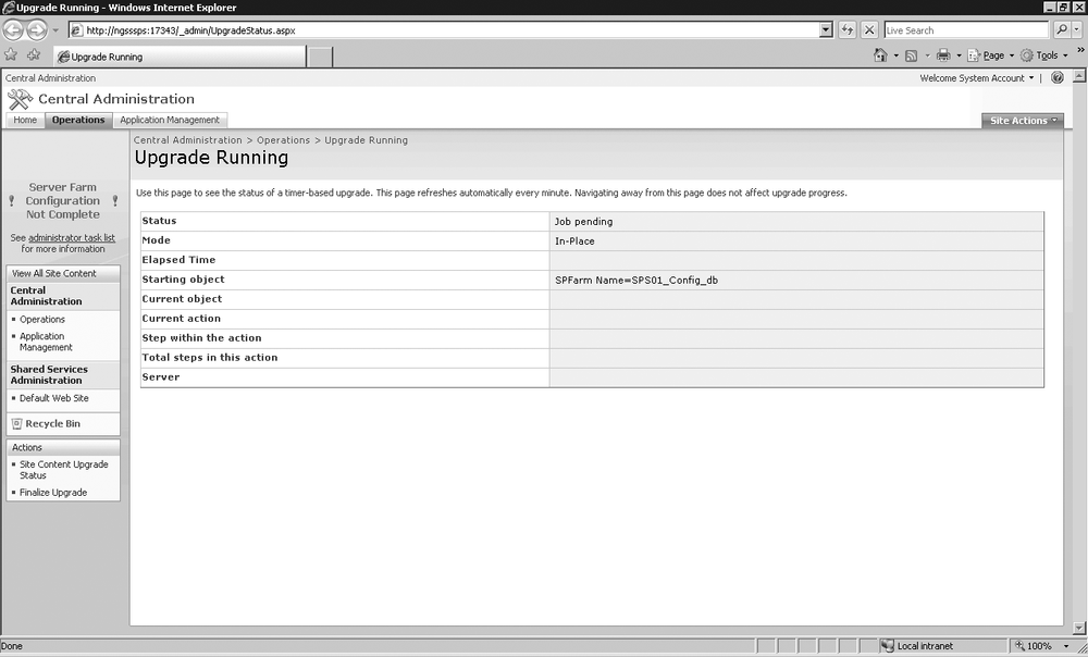 SharePoint Central Administration page shows the status of the upgrade