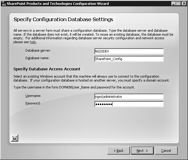 Configuration Database settings for the new server farm