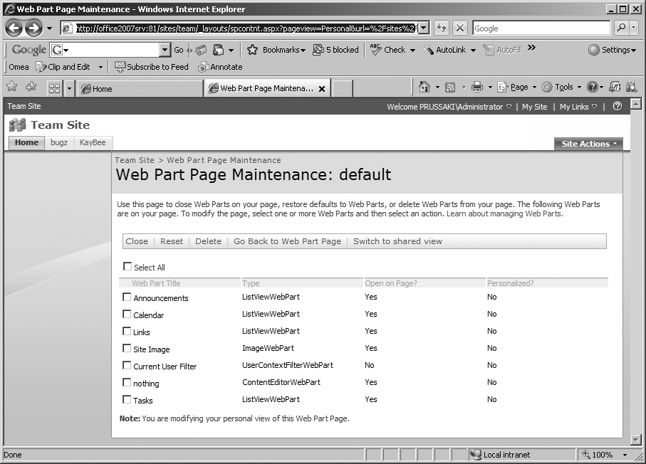 Web Part Page Maintenance page