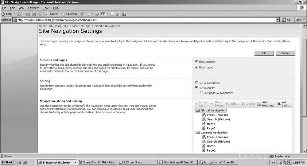 Modifying the Site Navigation Settings page