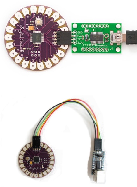 The LilyPad to a connected to a USB programmer