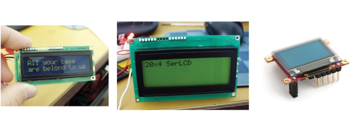A simple 16 × 2 LCD screen, a 20 × 4 LCD, and a Serial Miniature OLED