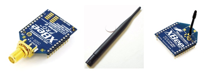 From left to right: the XBee Pro, an antenna for the XBee Pro, and XBee
