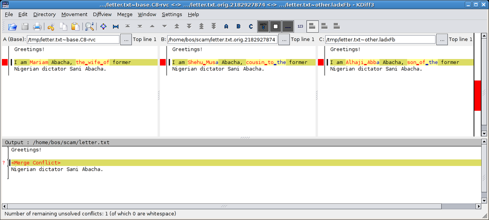 Using kdiff3 to merge versions of a file