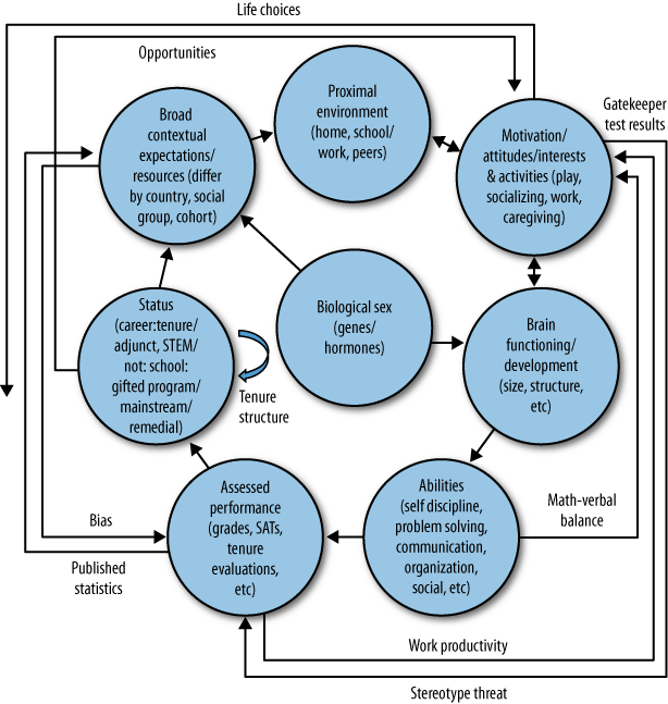 General causal model for gender disparity in science, technology, engineering, and mathematics. Figure copyright 2009 by Stephen J. Ceci, Wendy M. Williams, and Susan M. Barnett; used with permission.