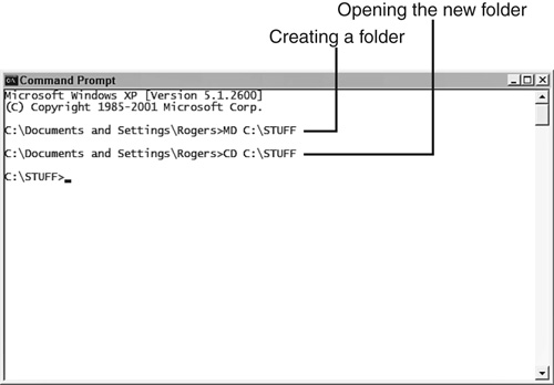 Creating a new folder in a command-line window.