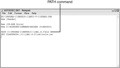 Editing the AUTOEXEC.BAT file with Notepad.