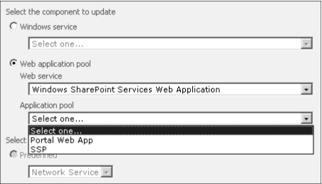 To change an application pool identity, first select a Web service and then the desired application pool.