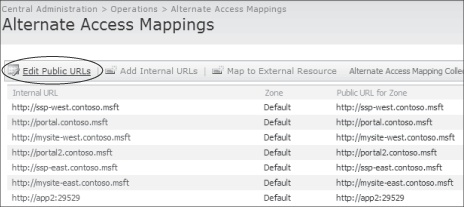 To add public URLs for a Web application, choose Edit Public URLs in the Alternate Access Mappings management interface.