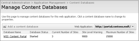 To edit the configuration of a content database, single-click the hyperlinked database name.