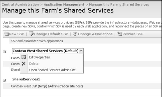 Select the drop-down menu and click on Open Shared Services Admin Site to configure an SSP.