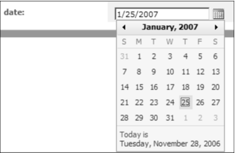 The Date property allows user input through a drop-down calendar control.