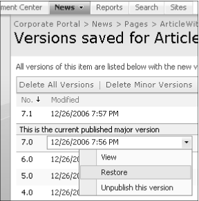 From the drop-down menu, available under Modified Date, you can view, restore, or unpublish a version.