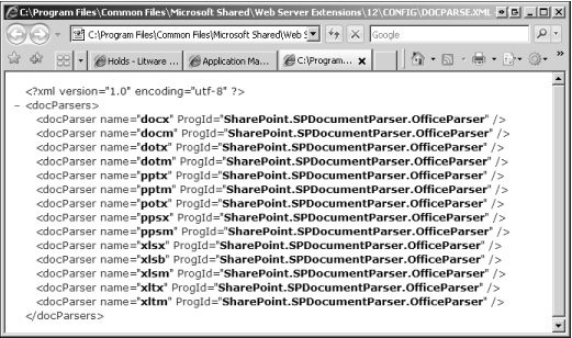 The DocParse.xml file maps file extensions to the PROGIDs of document parsers recognized by SharePoint Server.