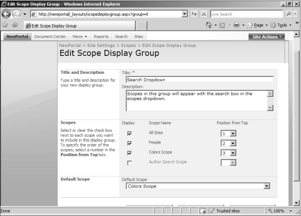 The Edit Scope Display Group page.