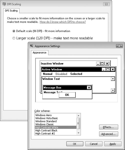 Selected accessibility features on Windows Vista.