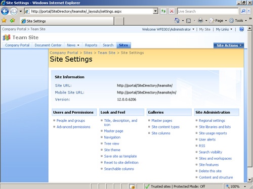 Site Settings page for a default team site