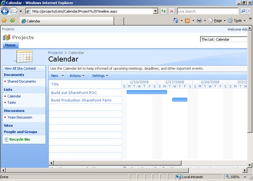 Calendar using the Gantt view with the same entries shown on a timeline