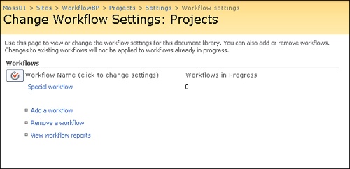 Change Workflow Settings page for a document library