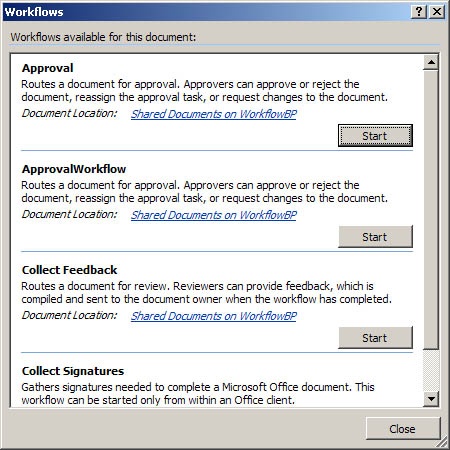 Workflows dialog box accessed from within Word 2007
