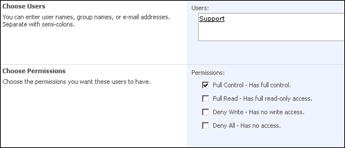 The permission selections for a new Web application security policy