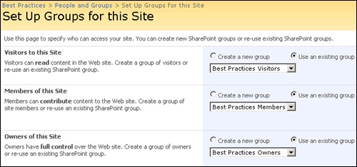 Settings page within a site where the associated members group is defined