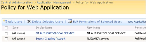 Web application security policy management area in Central Administration