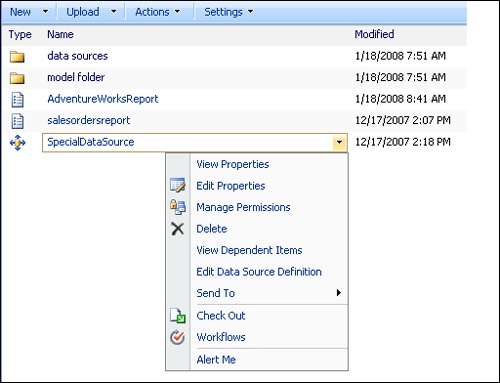 Reporting Services data source contextual menu showing configuration options