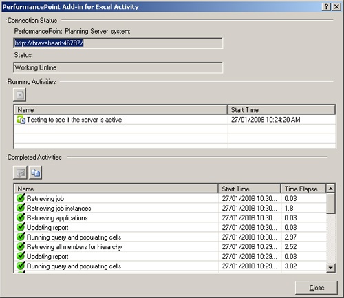 PerformancePoint Add-In For Excel Activity dialog box