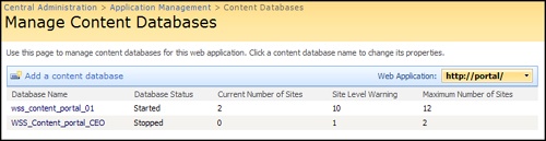 After taking a database offline, the status shows Stopped.