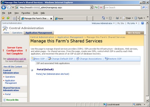 Shared Services Administration page showing that the portal is associated with itself for SS