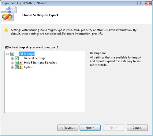 The second page of the Import And Export Settings Wizard