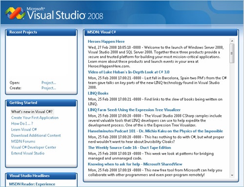 The Visual Studio 2008 Start Page