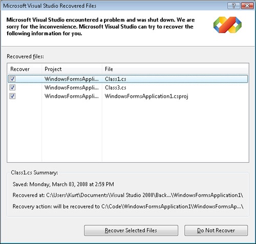 The Microsoft Visual Studio Recovered Files dialog box