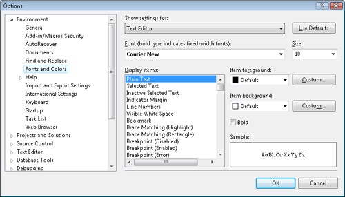 Fonts And Colors settings in the Options dialog box