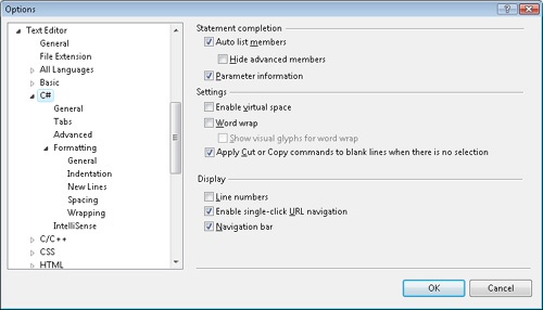 The General settings in the Text Editor, C# category of the Options window