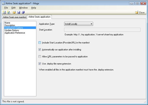 Deployment manifest—the Deployment Options window