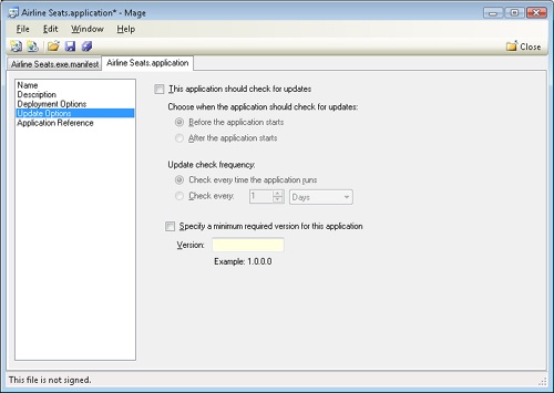 Deployment manifest—the Update Options window