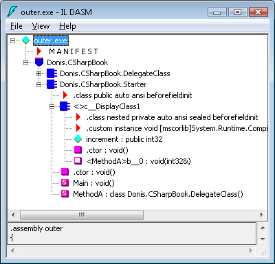 A view of the nested class created for an anonymous method with an outer variable