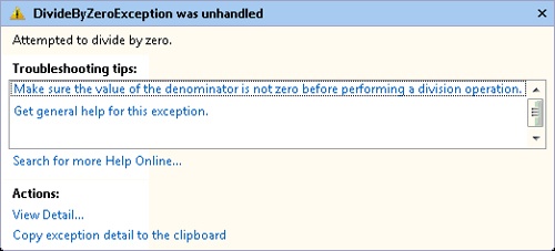 The Exception Assistant dialog box for a divide-by-zero exception