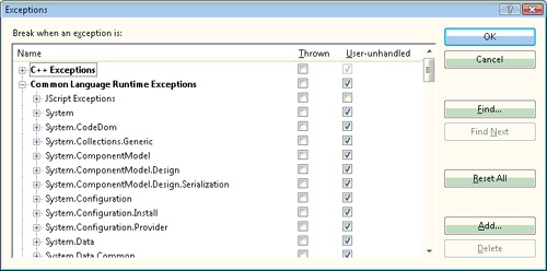 The Exceptions dialog box